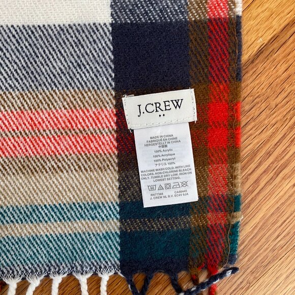 J Crew Factory Blanket Scarf 24" X 80" Fringe Red Green Blue White Tan Classic - Picture 2 of 7